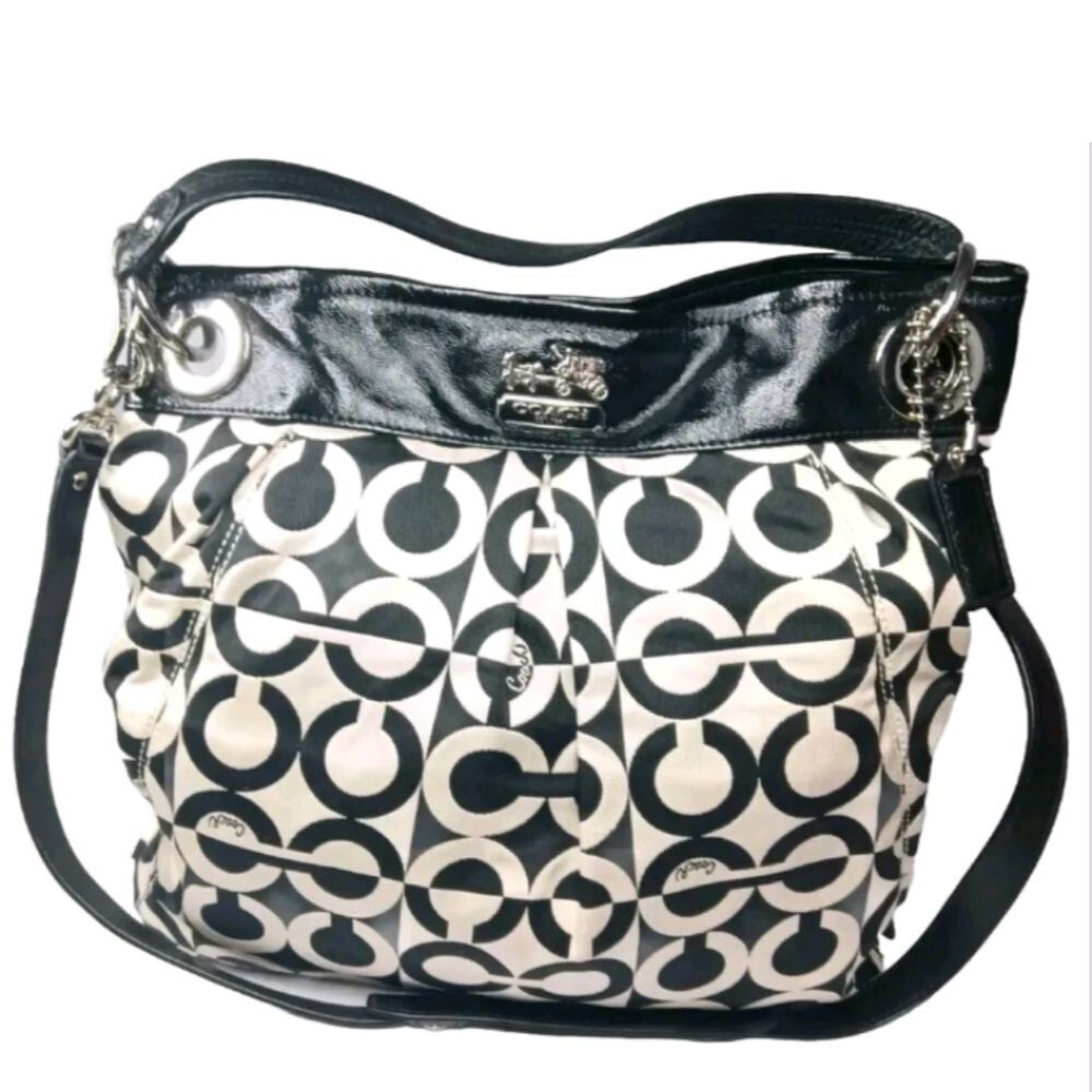 Coach Madison Op Art Canvas Shoulder Bag #14583 Black & Cream Medium Size
